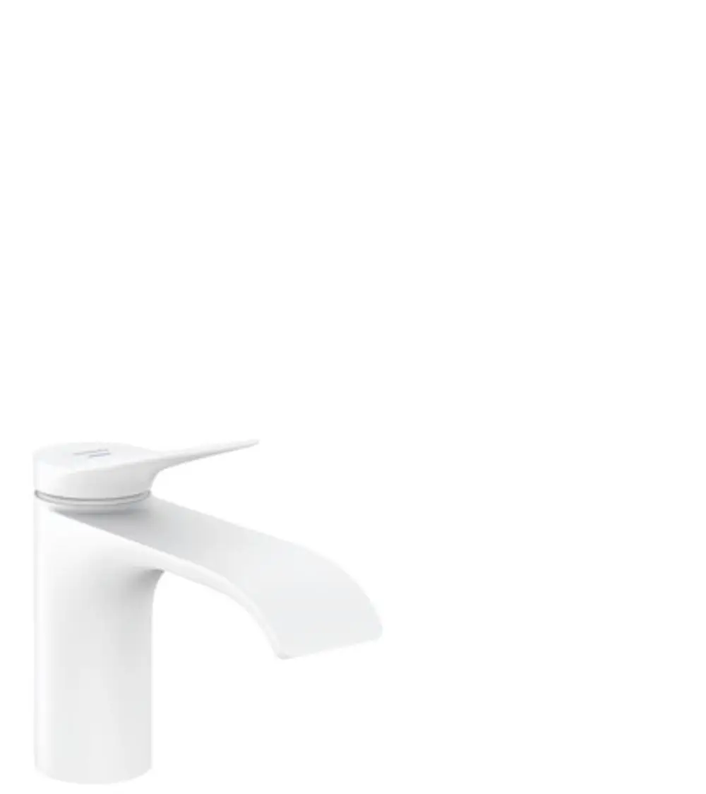 Weißes Standventil von Hansgrohe mit einem Hebelgriff für Kaltwasser oder vorgemischtes Wasser, ohne Ablaufgarnitur.